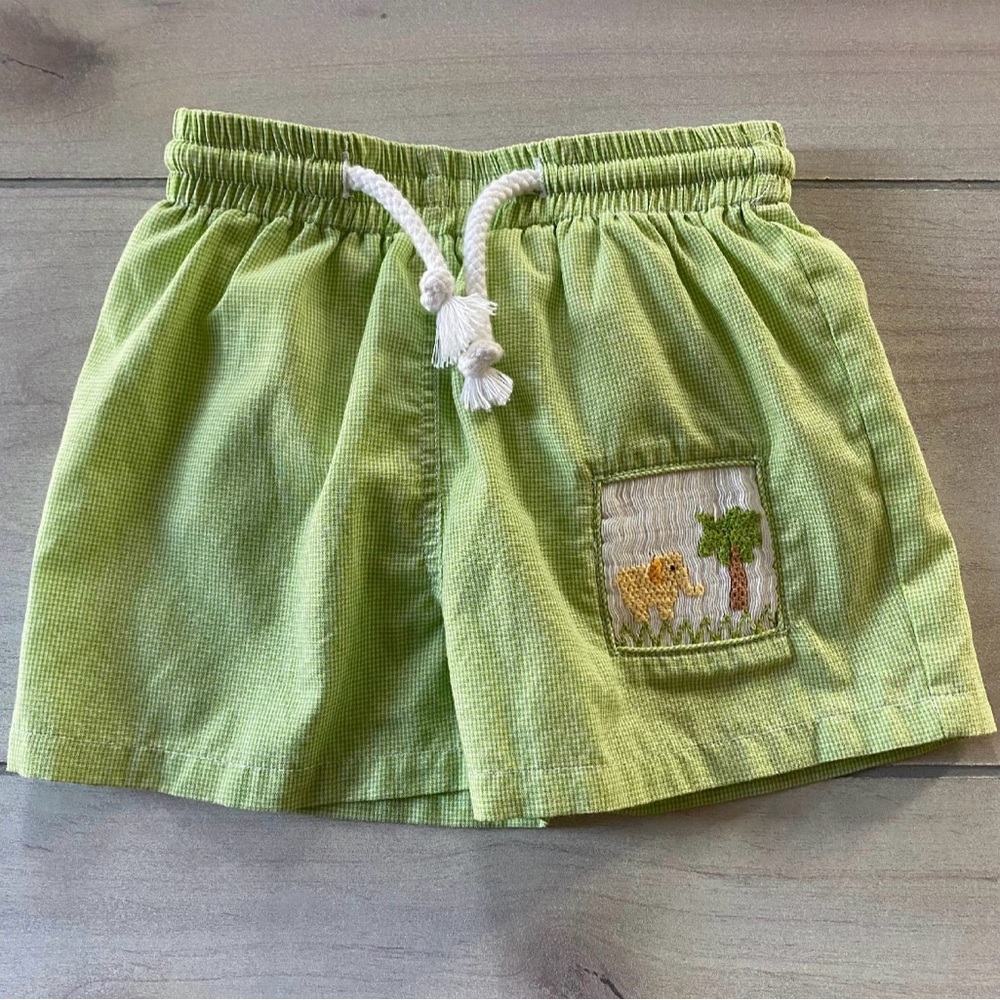Silly Goose Green Gingham Drawstring Waist Elephant Embroidered Swim Trunks